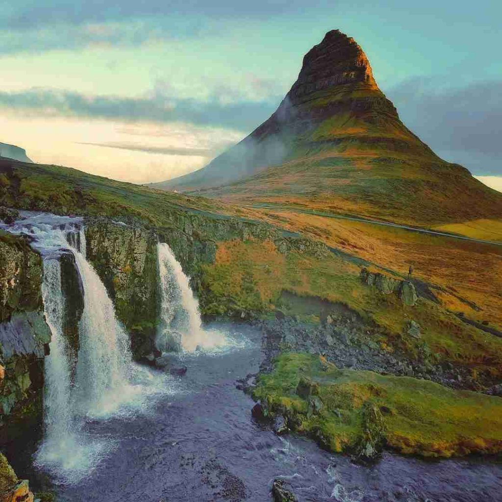Magical mountain, Iceland, waterfall. Photo